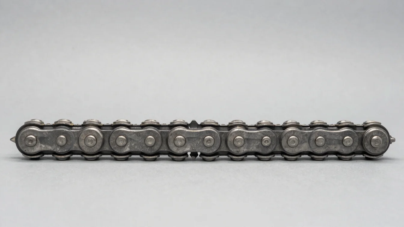 Industrial product photography of a chainsaw blade chain segment