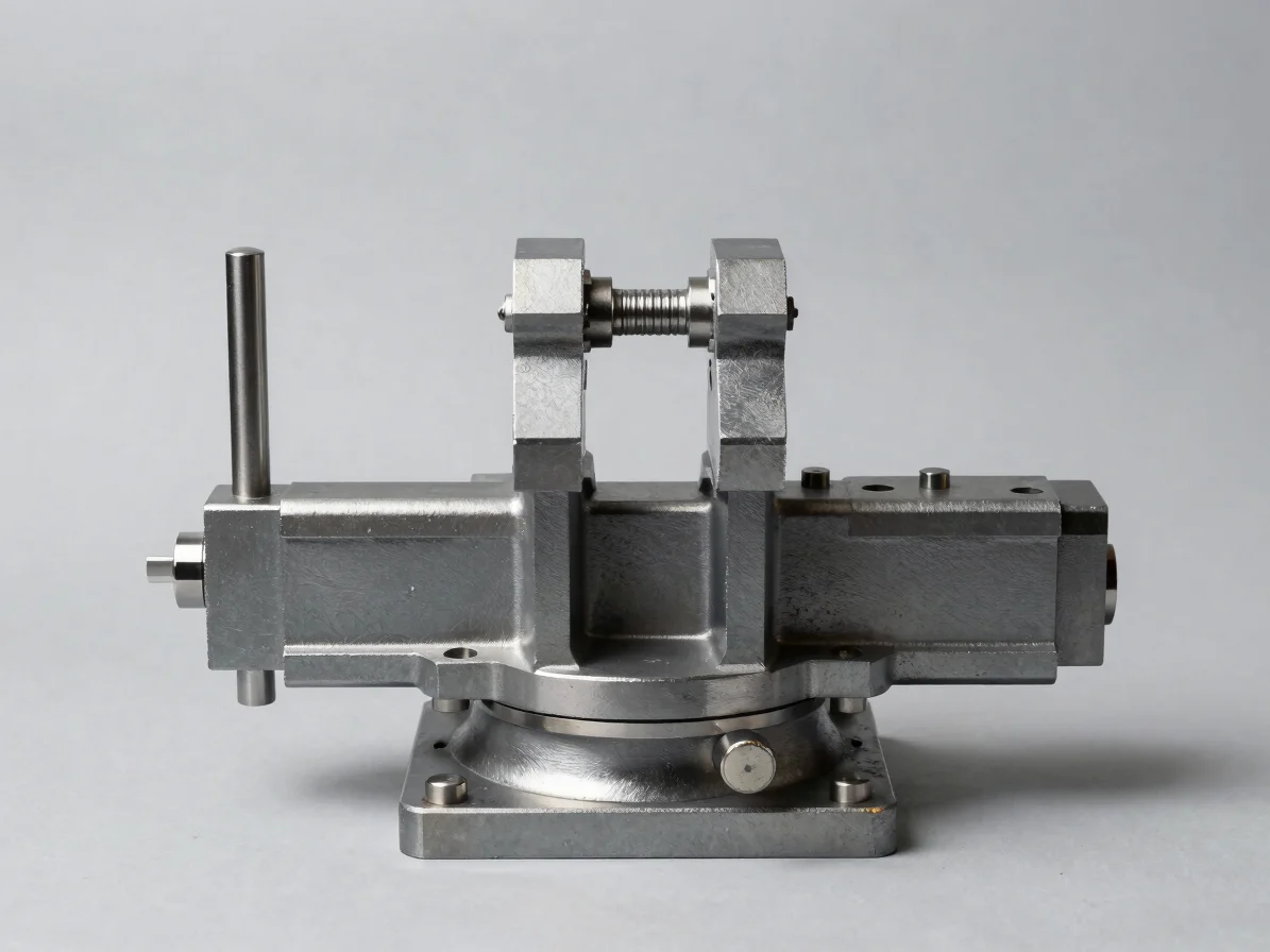 Industrial product photography of a steel engineering bench vice with jaws in clear view, straight-on view, controlled d