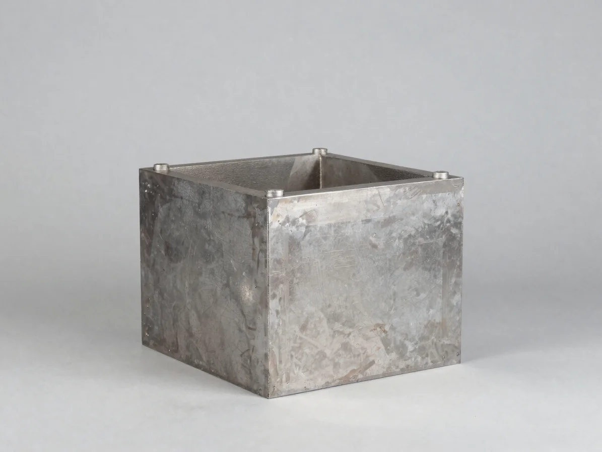 Industrial product photography of a metal foundry moulding box with flat parting faces, straight-on view, controlled dir